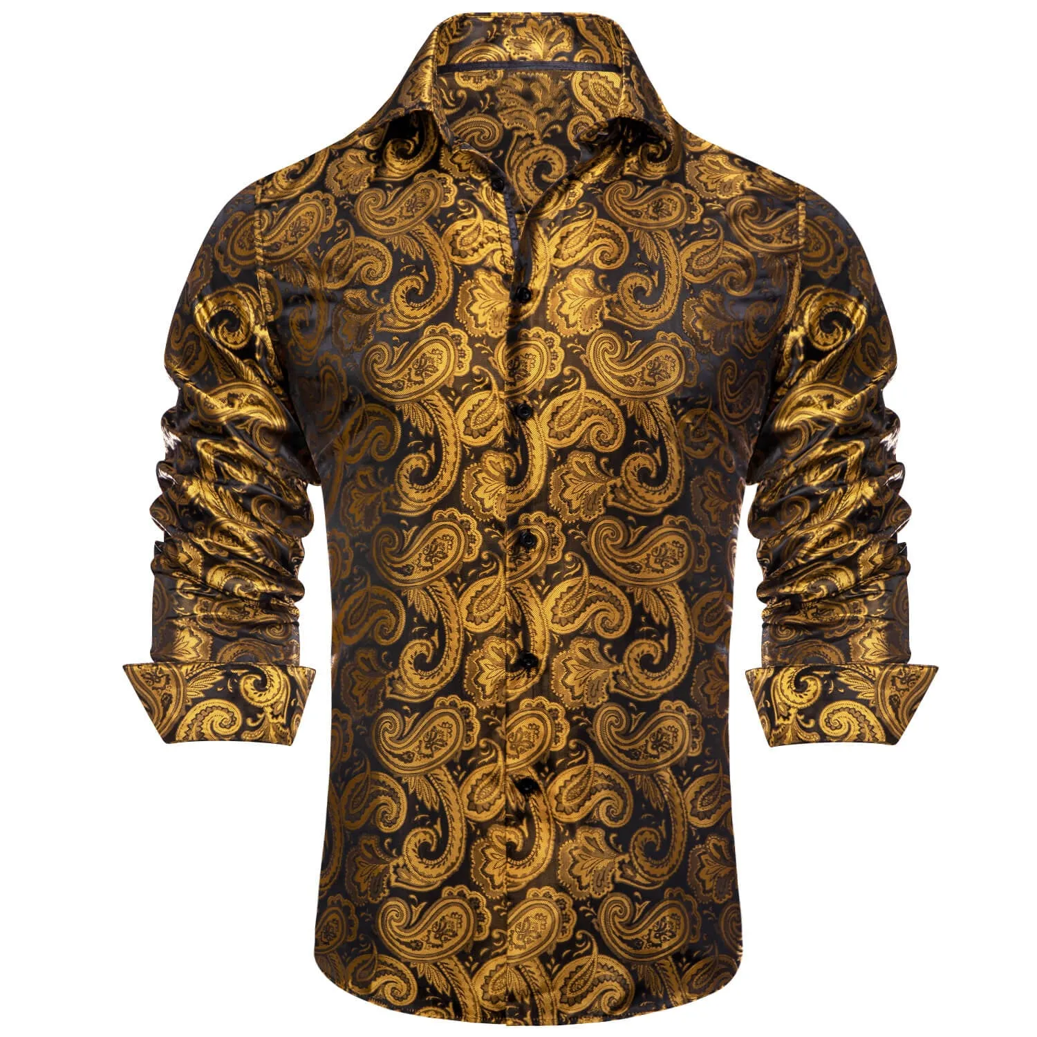 Ties2you Men's Shirt Gold Black Paisley Silk Long Sleeve Dress Shirt