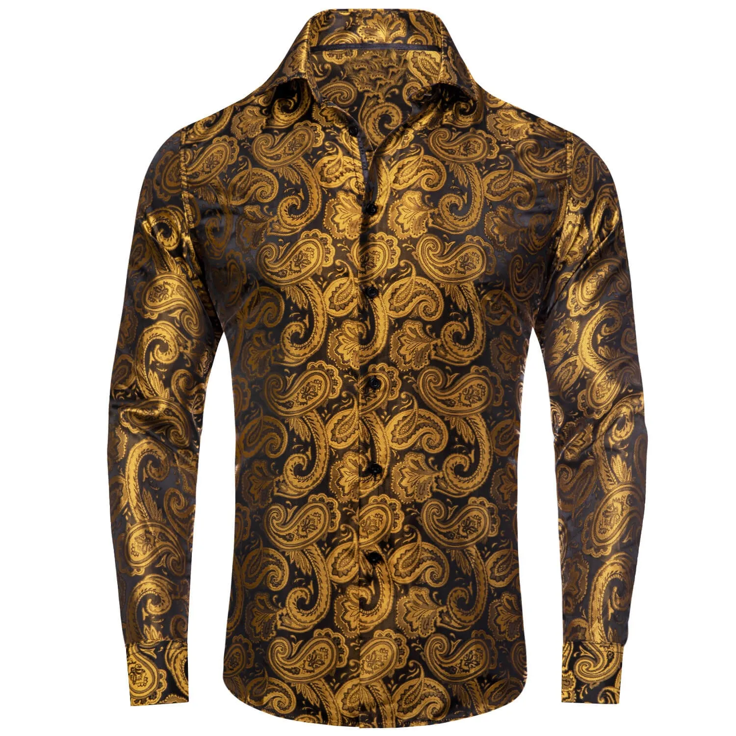 Ties2you Men's Shirt Gold Black Paisley Silk Long Sleeve Dress Shirt