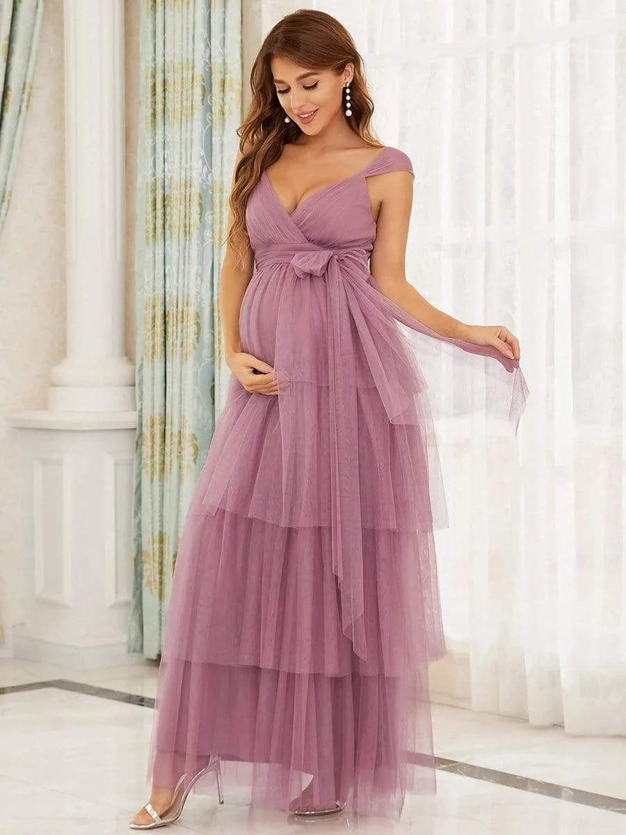 V-neck Sleeveless Mid-Rib Layered Tulle Long Maternity Wedding Guest Dress