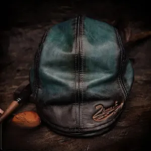 Vintage Leather Peaked Cap - Multi-color Distressed Handmade Beret