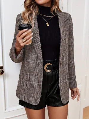 Women's Elegant Long Business Blazer with Grid Pattern and Notched Lapel | Ideal for All Seasons