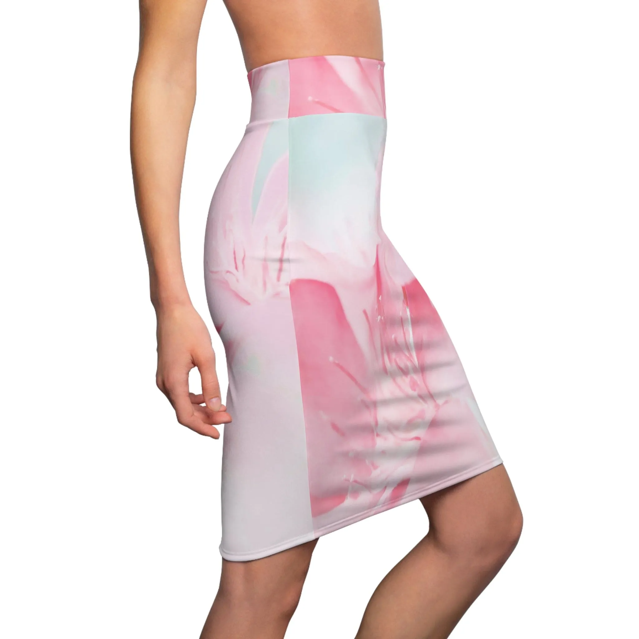 Womens Pencil Skirt - Pink Flower Design