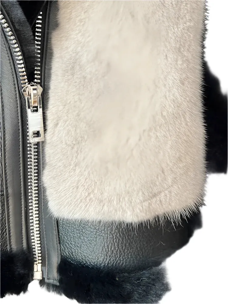 Women's Winter Luxury Mink Fur Coat - Genuine Leather Jacket with Natural Merino Sheep Fur, Thick Warm Outerwear