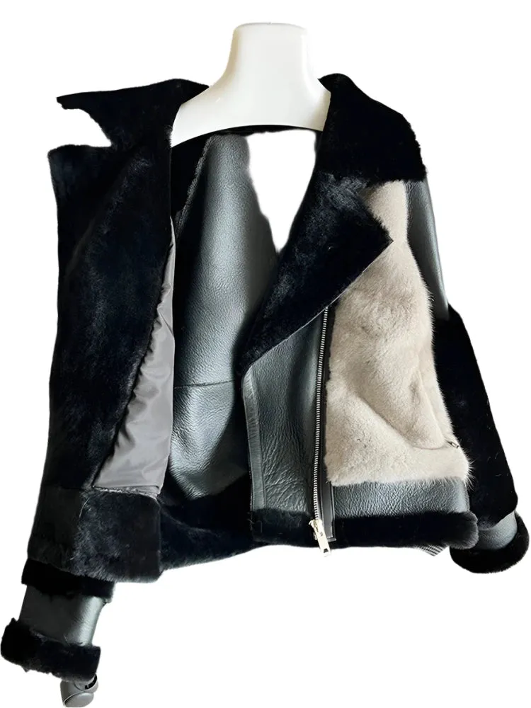 Women's Winter Luxury Mink Fur Coat - Genuine Leather Jacket with Natural Merino Sheep Fur, Thick Warm Outerwear