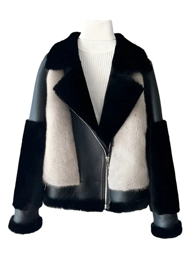 Women's Winter Luxury Mink Fur Coat - Genuine Leather Jacket with Natural Merino Sheep Fur, Thick Warm Outerwear